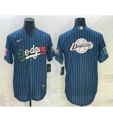 Men's Los Angeles Dodgers Big Logo Navy Blue Pinstripe Stitched MLB Cool Base Nike Jersey5