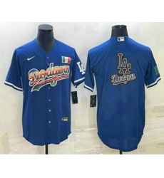 Men's Los Angeles Dodgers Big Logo Rainbow Blue Cool Base Nike Jersey1