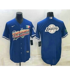 Men's Los Angeles Dodgers Big Logo Rainbow Blue Cool Base Nike Jersey2