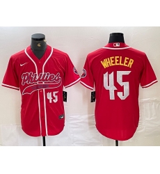 Men's Philadelphia Phillies #45 Zack Wheeler Number Red Cool Base Stitched Baseball Jersey