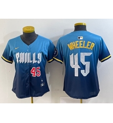 Women's Philadelphia Phillies #45 Zack Wheeler Blue 2024 City Player Number Cool Base Stitched Jerseys