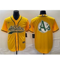 Men's Oakland Athletics Yellow Team Big Logo Cool Base Stitched Baseball Jersey 001