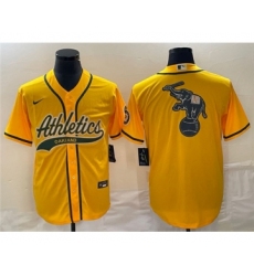 Men's Oakland Athletics Yellow Team Big Logo Cool Base Stitched Baseball Jersey 003