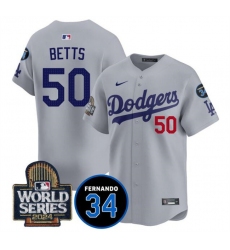 Men's Los Angeles Dodgers #50 Mookie Betts Grey 2024 World Series With Fernando Memorial Limited Stitched Baseball Jersey