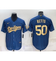 Men's Los Angeles Dodgers #50 Mookie Betts Navy Blue Gold Pinstripe Stitched MLB Cool Base Nike Jersey