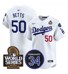 Men's Los Angeles Dodgers #50 Mookie Betts White 2024 World Series With Fernando Memorial Limited Stitched Baseball Jersey