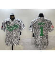 Men's Philadelphia Eagles #1 Jalen Hurts Arctic Camo 2024 Salute to Service Stitched Baseball Jersey