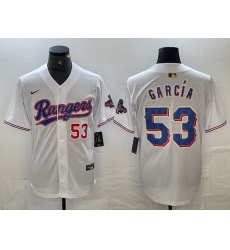 Men's Texas Rangers #53 Adolis Garcia Number White 2023 World Series Champions Cool Base Jersey