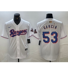 Men's Texas Rangers #53 Adolis Garcia White 2023 World Series Champions Cool Base Jersey