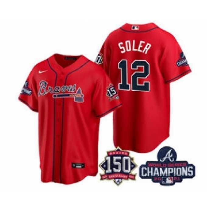 Men's Atlanta Braves #12 Jorge Soler 2021 Red World Series Champions With 150th Anniversary Patch Cool Base Stitched Jersey