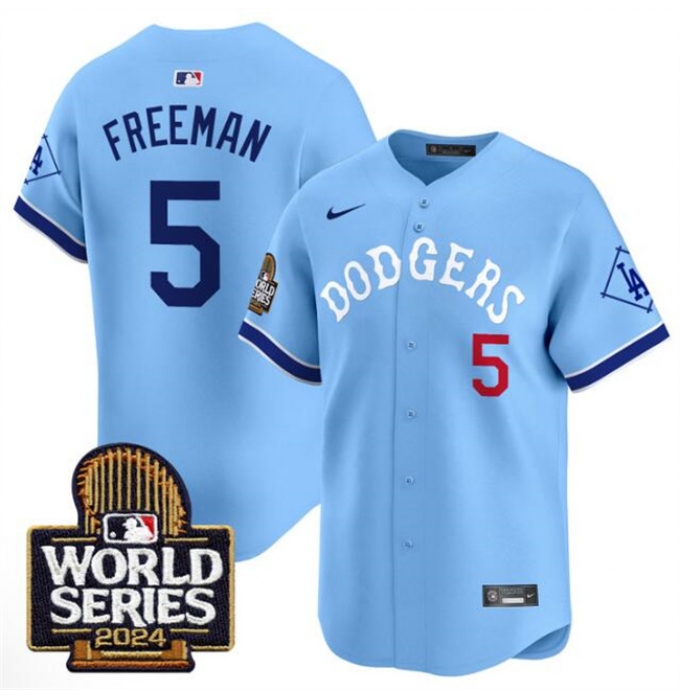 Men's Los Angeles Dodgers #5 Freddie Freeman Blue With 2024 World Series Vapor Premier Limited Stitched Baseball Jersey