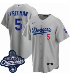Men's Los Angeles Dodgers 5 Freddie Freeman Cool Base 2025 World Champions Stitched Baseball Jersey Gray