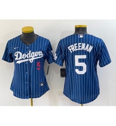 Women's Los Angeles Dodgers #5 Freddie Freeman Number Navy Blue Pinstripe Stitched MLB Cool Base Nike Jersey