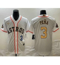 Men's Houston Astros #3 Jeremy Pena 2023 White Gold World Serise Champions Cool Base Stitched Jersey