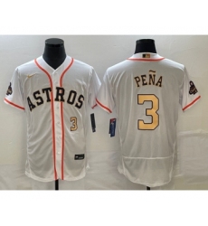 Men's Houston Astros #3 Jeremy Pena Number 2023 White Gold World Serise Champions Flex Base Stitched Jersey2