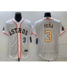 Men's Houston Astros #3 Jeremy Pena Number 2023 White Gold World Serise Champions Flex Base Stitched Jersey