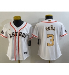 Women's Houston Astros #3 Jeremy Pena 2023 White Gold World Serise Champions Cool Base Stitched Jersey