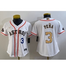 Women's Houston Astros #3 Jeremy Pena Number 2023 White Gold World Serise Champions Cool Base Stitched Jersey1