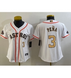 Women's Houston Astros #3 Jeremy Pena Number 2023 White Gold World Serise Champions Cool Base Stitched Jersey