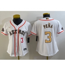 Women's Houston Astros #3 Jeremy Pena Number 2023 White Gold World Serise Champions Cool Base Stitched Jerseys