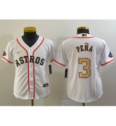 Youth Houston Astros #3 Jeremy Pena 2023 White Gold World Serise Champions Cool Base Stitched Jersey