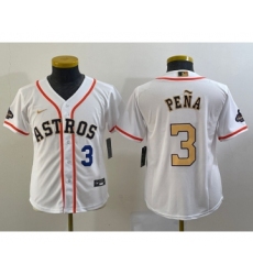 Youth Houston Astros #3 Jeremy Pena Number 2023 White Gold World Serise Champions Cool Base Stitched Jersey1