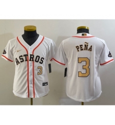 Youth Houston Astros #3 Jeremy Pena Number 2023 White Gold World Serise Champions Cool Base Stitched Jersey