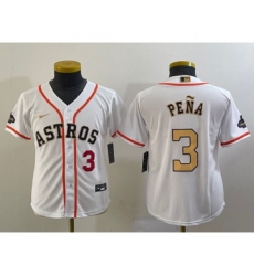 Youth Houston Astros #3 Jeremy Pena Number 2023 White Gold World Serise Champions Cool Base Stitched Jerseys