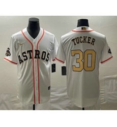 Men's Houston Astros #30 Kyle Tucker 2023 White Gold World Serise Champions Cool Base Stitched Jersey