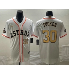 Men's Houston Astros #30 Kyle Tucker Number 2023 White Gold World Serise Champions Cool Base Stitched Jersey1