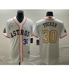 Men's Houston Astros #30 Kyle Tucker Number 2023 White Gold World Serise Champions Cool Base Stitched Jersey