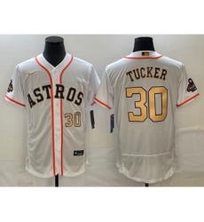 Men's Houston Astros #30 Kyle Tucker Number 2023 White Gold World Serise Champions Flex Base Stitched Jersey1