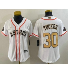 Women's Houston Astros #30 Kyle Tucker 2023 White Gold World Serise Champions Cool Base Stitched Jersey