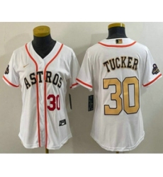 Women's Houston Astros #30 Kyle Tucker Number 2023 White Gold World Serise Champions Cool Base Stitched Jersey1