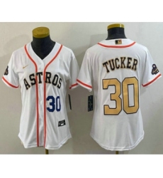 Women's Houston Astros #30 Kyle Tucker Number 2023 White Gold World Serise Champions Cool Base Stitched Jersey