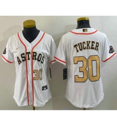 Women's Houston Astros #30 Kyle Tucker Number 2023 White Gold World Serise Champions Cool Base Stitched Jerseys