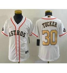 Youth Houston Astros #30 Kyle Tucker 2023 White Gold World Serise Champions Cool Base Stitched Jersey