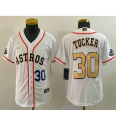 Youth Houston Astros #30 Kyle Tucker Number 2023 White Gold World Serise Champions Cool Base Stitched Jersey1