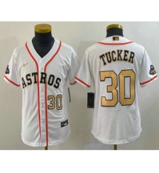 Youth Houston Astros #30 Kyle Tucker Number 2023 White Gold World Serise Champions Cool Base Stitched Jerseys