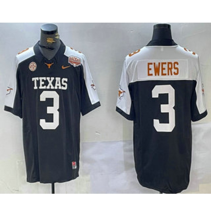 Men's Texas Longhorns #3 Quinn Ewers Black White 100TH FUSE College Stitched Jersey