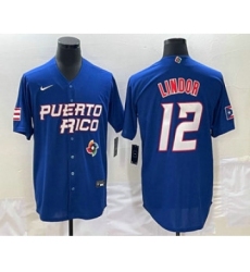 Men's Puerto Rico Baseball #12 Francisco Lindor 2023 Royal World Classic Stitched Jersey