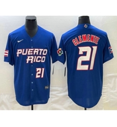 Men's Puerto Rico Baseball #21 Roberto Clemente Number 2023 Blue World Classic Stitched Jerseys