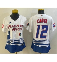 Women's Puerto Rico Baseball #12 Francisco Lindor 2023 White World Classic Stitched Jerseys