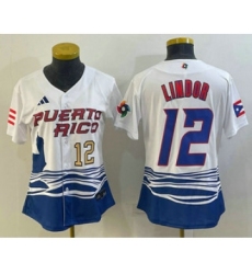 Women's Puerto Rico Baseball #12 Francisco Lindor Number 2023 White World Classic Stitched Jersey