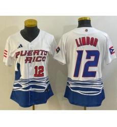 Women's Puerto Rico Baseball #12 Francisco Lindor Number 2023 White World Classic Stitched Jerseys