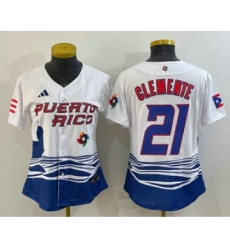 Women's Puerto Rico Baseball #21 Roberto Clemente 2023 White World Classic Stitched Jersey