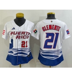 Women's Puerto Rico Baseball #21 Roberto Clemente Number 2023 White World Classic Stitched Jersey