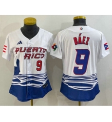 Women's Puerto Rico Baseball #9 Javier Baez Number White 2023 World Baseball Classic Stitched Jersey