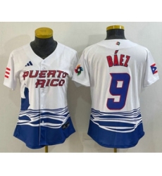 Women's Puerto Rico Baseball #9 Javier Baez White 2023 World Baseball Classic Stitched Jersey