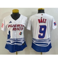 Women's Puerto Rico Baseball #9 Javier Baez White 2023 World Baseball Classic Stitched Jerseys